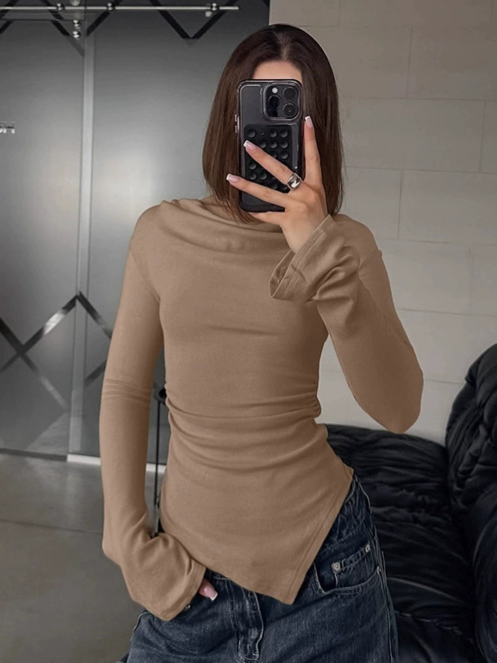 Forever 21 Spring Slim Long Sleeve Draped Neck Knit Top Khaki